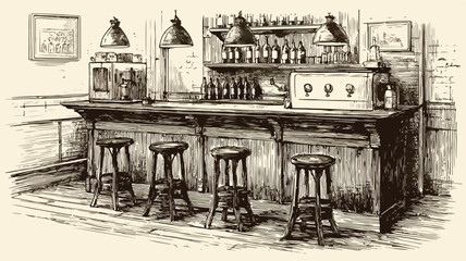 Classic Engraving of Bar Counter Scene with Stools