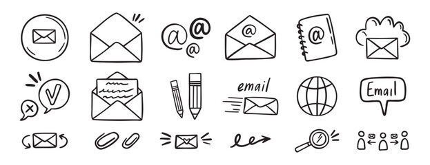 mail and email icon doodle hand drawn set. Outline drawing mail and email line clipart symbol collection