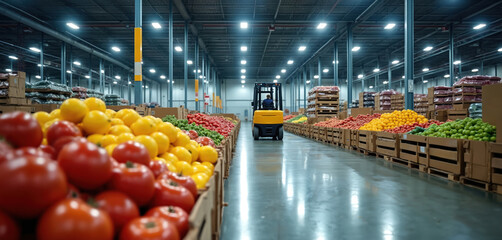 Inside a vast warehouse with rows of fresh produce like tomatoes oranges and limes is a forklift. Workers transport various fruits and vegetables for efficient distribution.