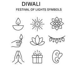 Diwali festival of lights symbols in simple line art design  