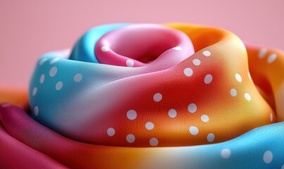 Close-up of vibrant fabric with swirling folds and polka dots