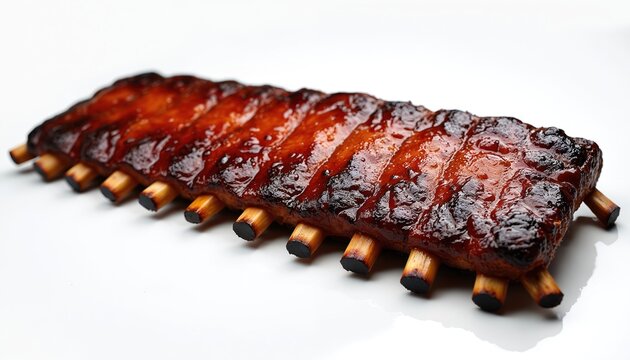 Large rack of juicy barbecued pork ribs covered in sweet, sticky glaze. Cooked savory meat dish isolated on pure white backdrop. Looks tempting, ready to served for delicious hearty American dinner