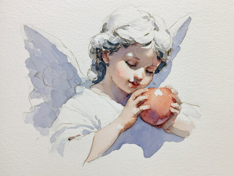 Angelic child holding red apple with wings in soft watercolor style  Watercolor drawing reference for an artist