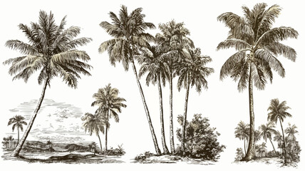 Tropical Vintage Island Illustration Set with Palm Trees