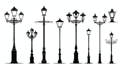 Vintage Streetlights Black Silhouettes Vector Set for Creative Projects