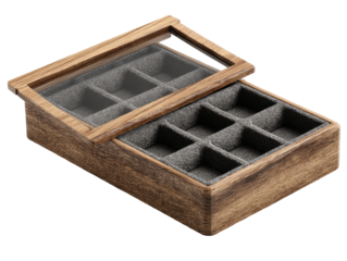 Wooden watch display box with glass lid.  Nine compartments lined with gray felt.  Light brown wood grain