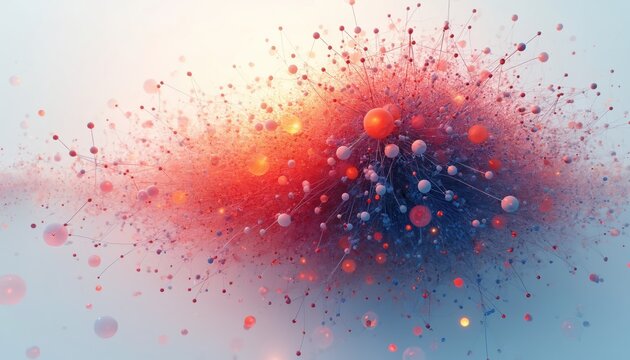 Abstract digital art shows connected spheres and lines. Represents data analysis, complex networks, and information structures. Vibrant colors suggest energy and innovation.