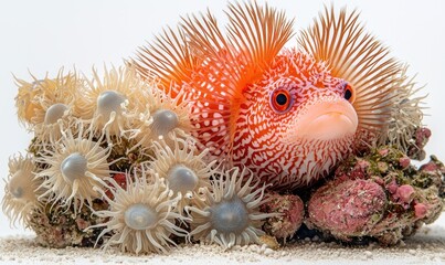 Orange fish with spiky fins nestled among anemones