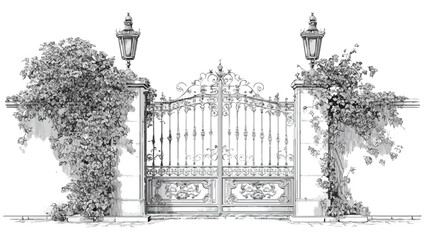 Elegant Vintage Wrought Iron Gate with Lanterns and Ivy