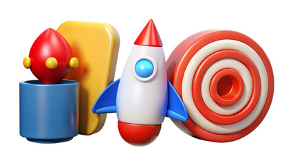 Red vector illustration of a rocket with a spiral arrow icon for a business success goal. cartoon icon minimal. 3d render