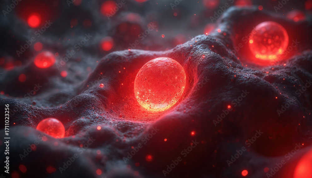 Aufkleber microscopic view shows glowing red spheres within dark cellular structure. this 3d visualization rep