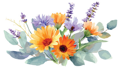 Vibrant Watercolor Flowers Bouquet with Daisy and Calendula Blossoms