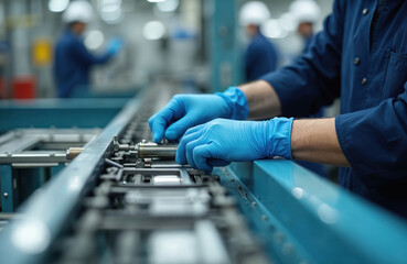 Worker in blue gloves assembles metal parts on a machine. Precision work on an industrial production line. Other workers in background. Busy factory environment during the day.