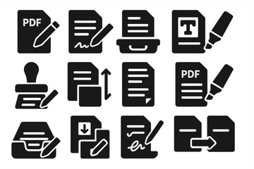 PDF Editing Icons. Solid style icons of document and PDF editing: PDF file with pencil, sign document icon, fill form tray, text