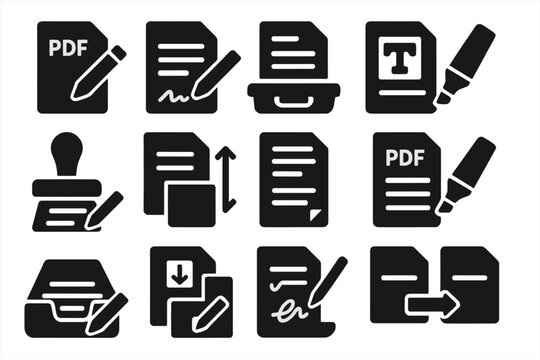 PDF Editing Icons. Solid style icons of document and PDF editing: PDF file with pencil, sign document icon, fill form tray, text