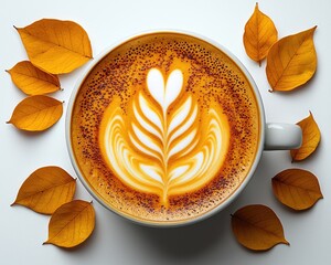 A cup of latte art, surrounded by autumn leaves