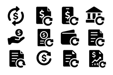 Financial Icons Set. Solid style icons of financial updates: dollar sign with arrow, budget refresh icon, transaction update, bank