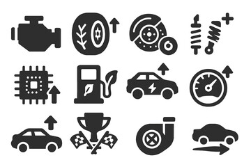 Vehicle Upgrade Icons. Solid style icons of vehicle upgrades: car engine upgrade, tire enhancement icon, brake boost, suspension