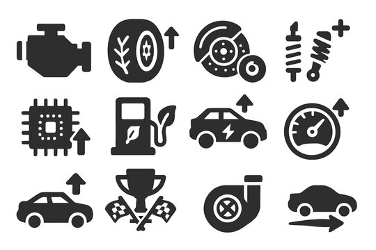 Vehicle Upgrade Icons. Solid style icons of vehicle upgrades: car engine upgrade, tire enhancement icon, brake boost, suspension