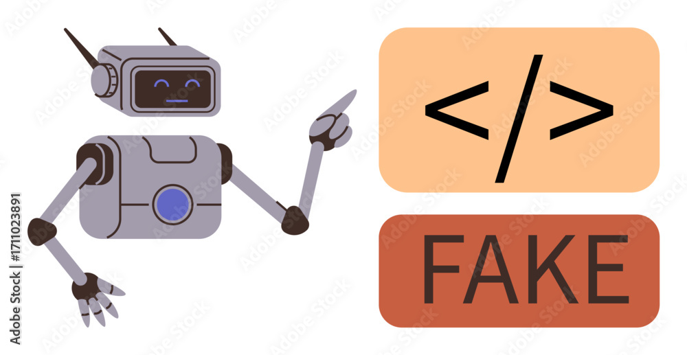 Aufkleber robot with antennae points at coding tag and fake label, representing programming, ai ethics, misinf