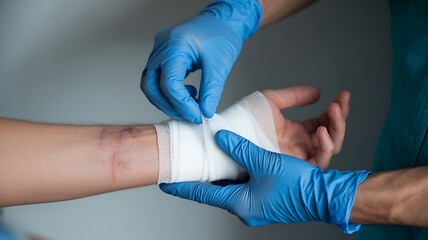 Medical professional bandages a patient's injured wrist