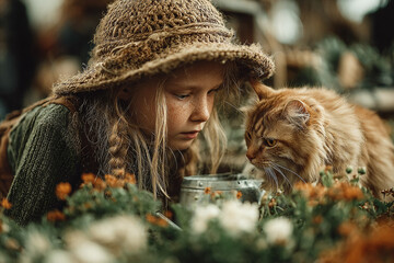 Home gardening and animal friendship captured in warm light