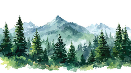 Serene Watercolor Landscape with Mountains and Spruce Trees Border