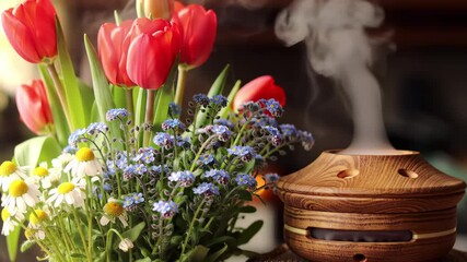 Creating a serene atmosphere with an electric aroma diffuser and a vibrant spring floral arrangement for relaxation