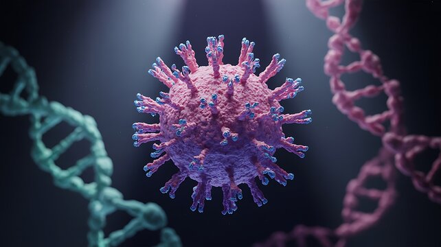 Microscopic View of Coronavirus and DNA Strands - Powered by Adobe