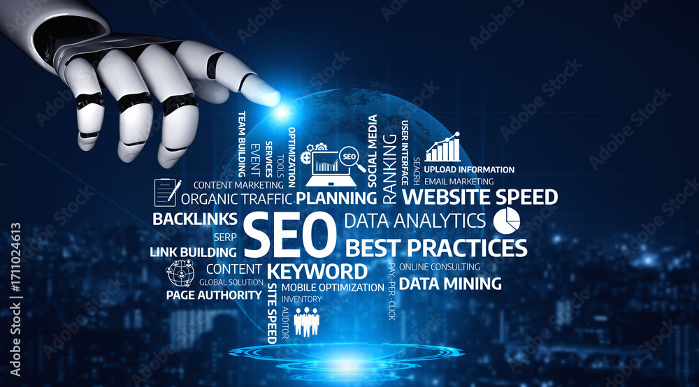 Poster a futuristic robot hand interacts with essential concepts of data analytics and seo strategies. this