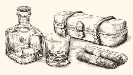 Vintage Whiskey and Cigar Sketch Vector Illustration for Professionals