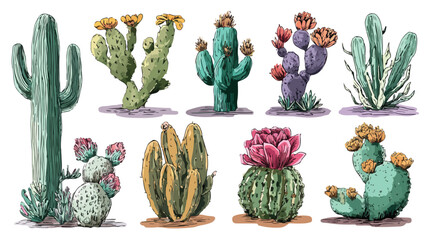 Wild Desert Cactus Icons in Doodle Style for Design Projects