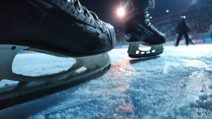 Low-angle shot of ice skates on the ice rink surface, illuminated by arena lights
