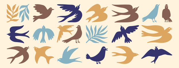 spring birds modern art simple silhouette set. boho flying birds clipart cartoon art. 