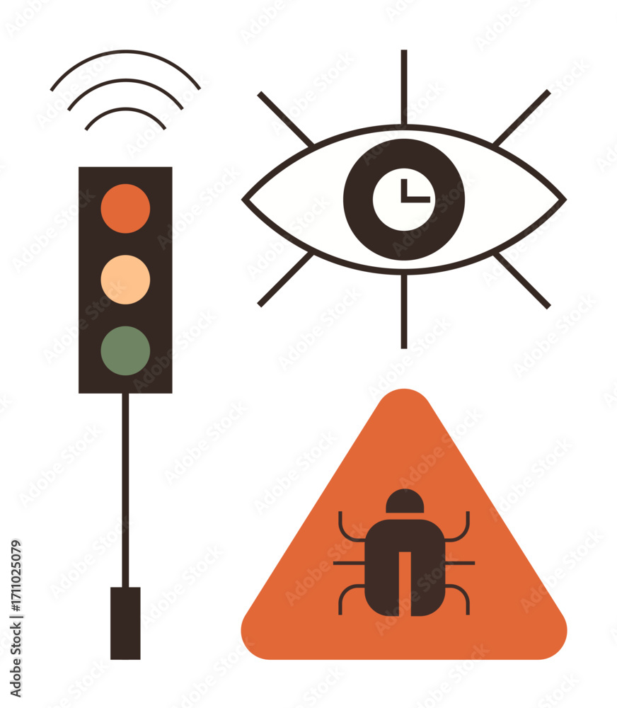 Poster traffic light with wireless signals, eye with clock inside, triangular warning sign with bug icon. i