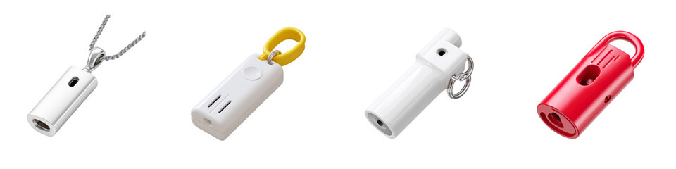 Set of Emergency Whistle Keychains and Wearable Safety Sirens isolated on transparent background