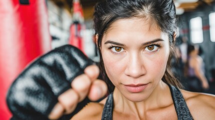 Female boxer training in a gym, wearing gloves and sportswear, preparing for a workout or match