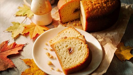 Homemade Pear Ginger Cake Slice On Parchment, Autumn Leaves And Pitcher, Cozy Lamplight Tea Room Background