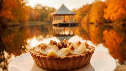 Pear And Hazelnut Tart With Caramelized Slices On Plate, Lakeside Pavilion, Glowing Foliage Golden Hour Lakeside Background