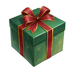 Obraz premium A green gift box with a red and gold ribbon and bow sits against a black background in a square format