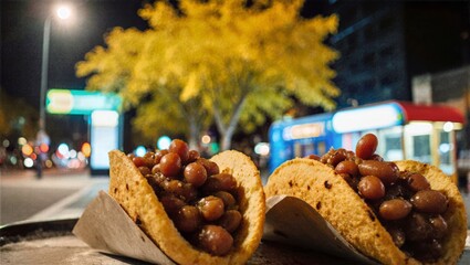 Crispy Bean Tacos On City Corner At Night, Yellow Ginkgo Tree And Passing Bus Urban Night Food