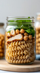 Pasta salad in a jar: a vibrant and healthy layered lunch or snack option with fresh greens, protein, and chickpeas on a bright and clean surface.