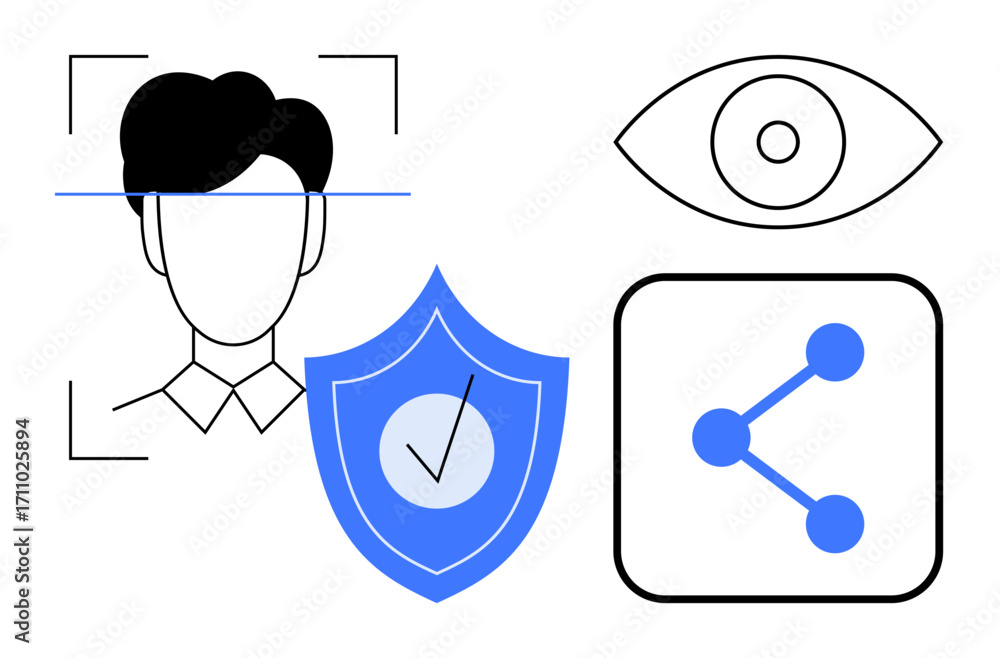 Poster face scan icon, shield with check mark, eye symbol, and connected nodes. ideal for data security, pr