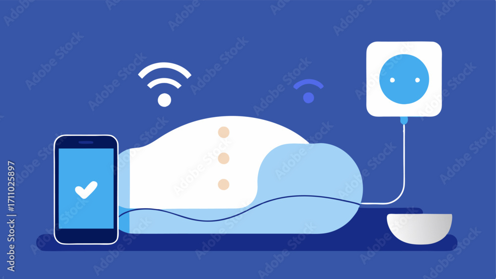 Poster adaptive sleep tracker an illustration of a pillow with a small sensor attached linked to a smartpho