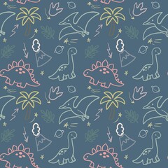 Cartoon dinosaur stegosaurus brontosaurus pterodactyl volcano seamless children pattern illustration © Halyna Petrenko