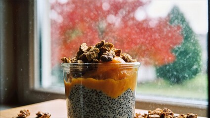 Jar Of Chia Pudding Topped With Marmalade And Walnuts By Rainy Window, Red Maple Outside Cozy...