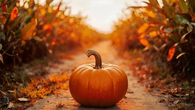 Lone Pumpkin Centered On Cornfield Path At Sunset, Golden Stalks And Fallen Leaves Embrace Harvest Field Background