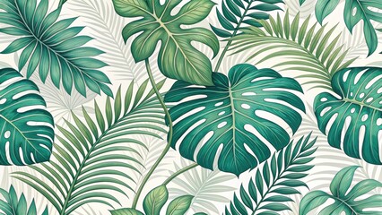 Vibrant tropical monstera and palm leaves create a lush, exotic natural pattern backdrop