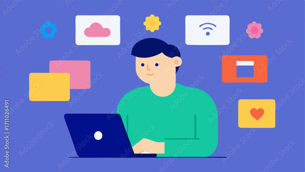 Poster assistive technology a remote worker with a cognitive disability uses a tablet with colorful icons o