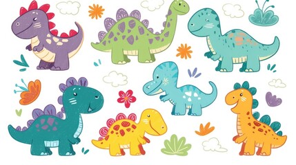 Obraz premium Colorful cartoon dinosaurs under sunny sky. 